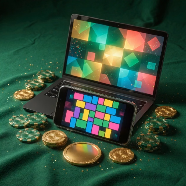 Phone showing a colourful casino lobby next to a laptop with the same games