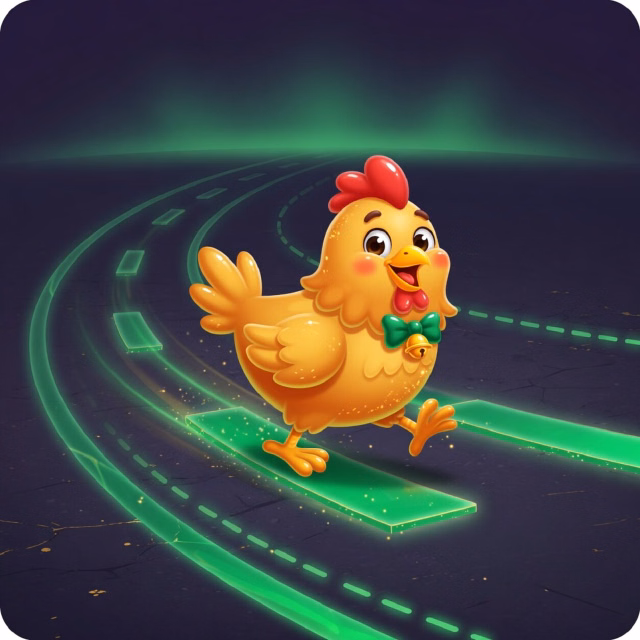 Cartoon chicken stepping across a road with glowing green lanes and a rising multiplier