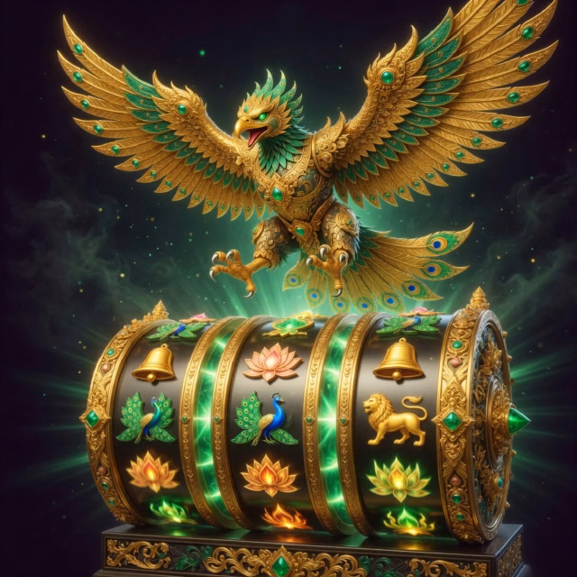 Golden Garuda bird spreading its wings over ornate slot reels with a 500x glow