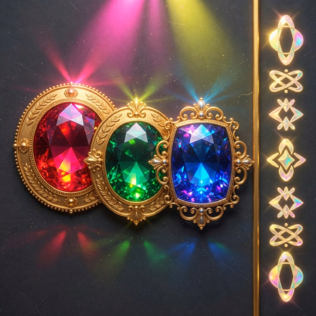 Glowing red, green and blue gems on golden slot reels with a multiplier column beside them
