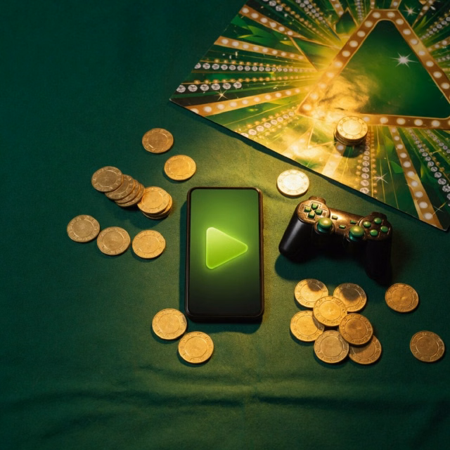 Game controller and phone with a glowing green play button on dark felt
