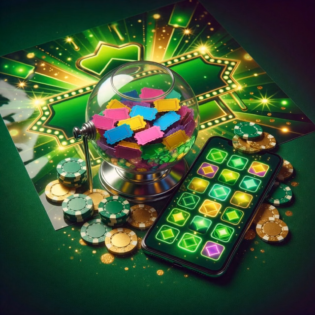 Grid of colourful game tiles on a phone screen with green chips around it