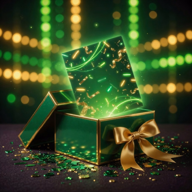 Green gift box with a gold ribbon opening to reveal a glowing code card