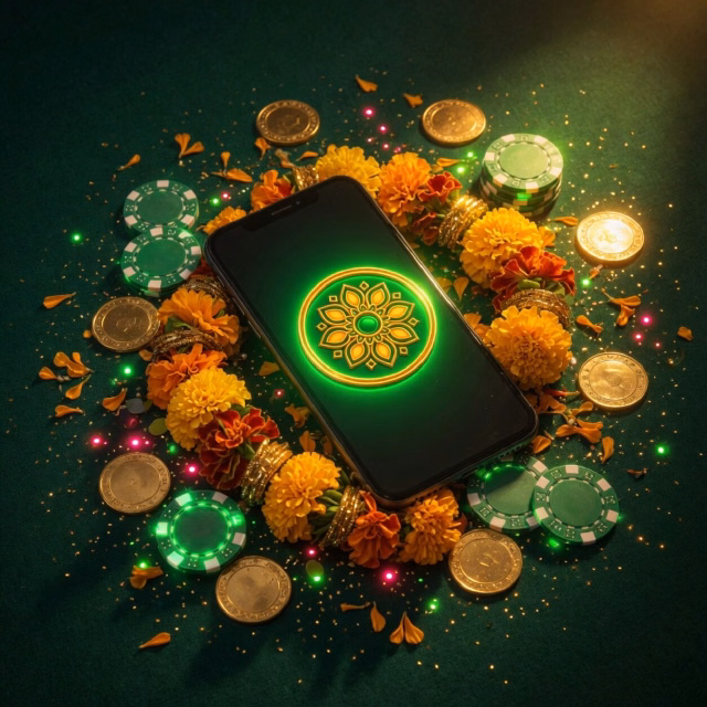 Phone with a rupee symbol in green light over a marigold garland and casino chips