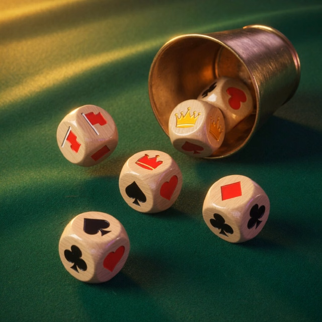 Six wooden dice with flag and crown symbols tumbling out of a brass cup onto green felt