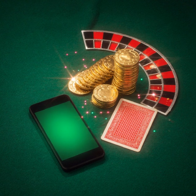 Phone lock screen unlocking with a green glow, casino chips in the background