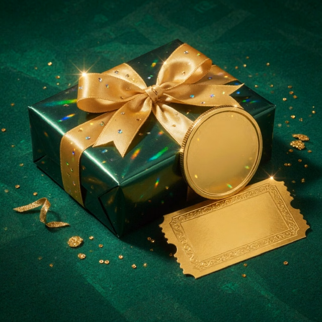 Gift box with a rupee coin and a golden ticket on dark green felt