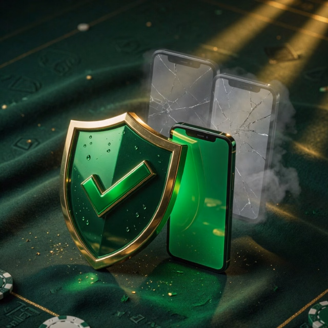 Green shield with a tick beside a phone, a cracked grey copy of the phone behind it
