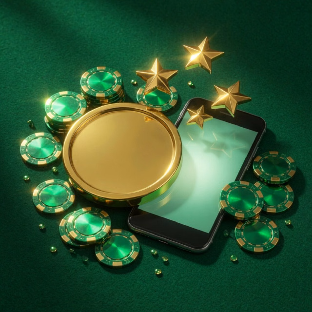 Phone with a star-shaped green glow on a desk with casino chips and a notebook