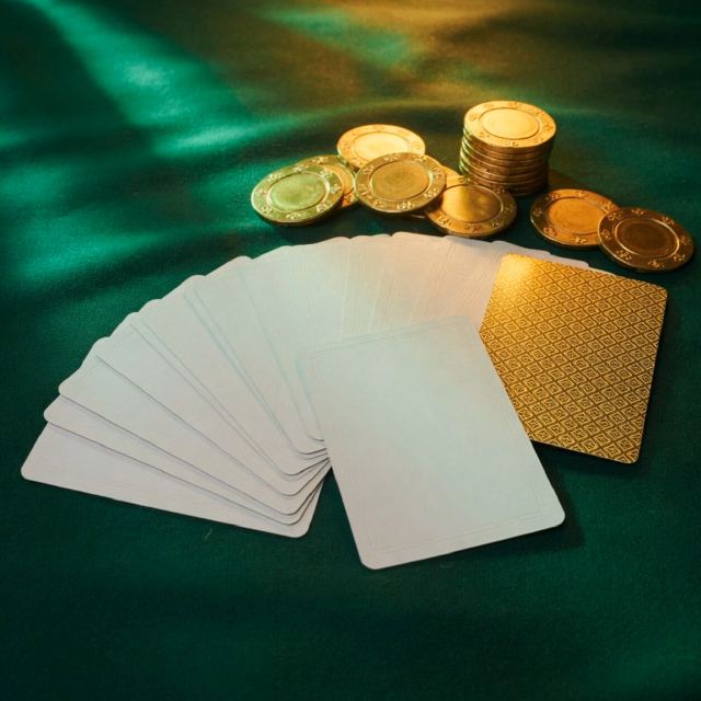 Fanned playing cards forming sequences on green felt with gold chips