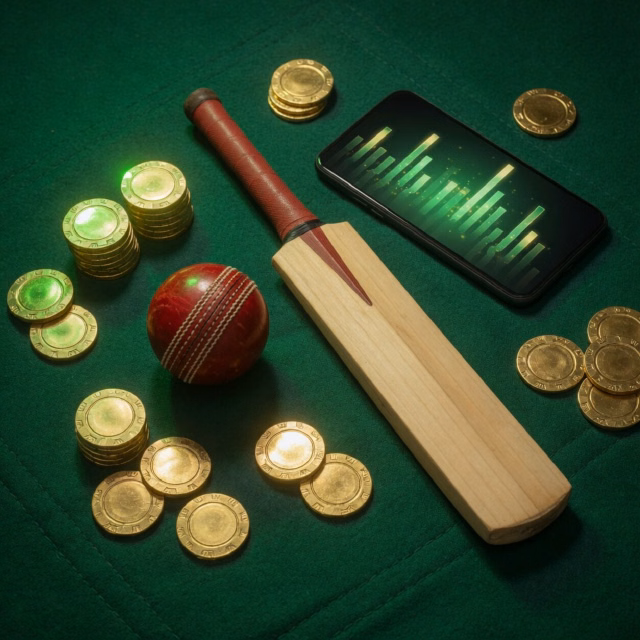 Cricket ball and bat next to a phone showing live match odds in green