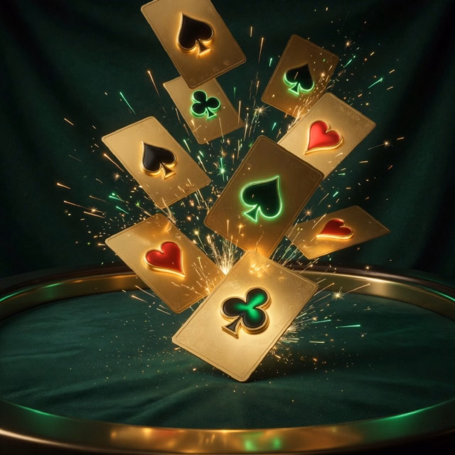 Golden ace playing cards bursting into light over dark green felt