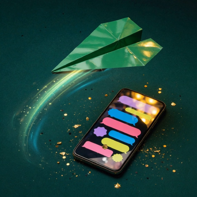 Paper plane icon glowing green above a phone with a chat feed
